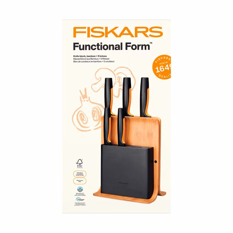 Fiskars Functional Form messenset met bamboe messenblok, 6 delig