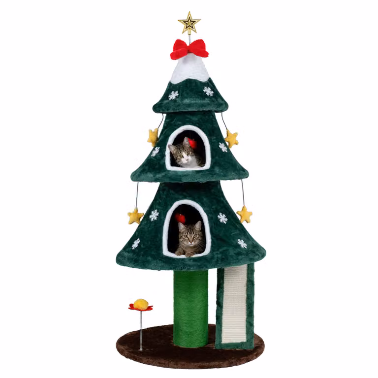 Costway Kerst Kattenboom Krabboom met 2 Holen en Hangende Bal, Groen, 137 cm