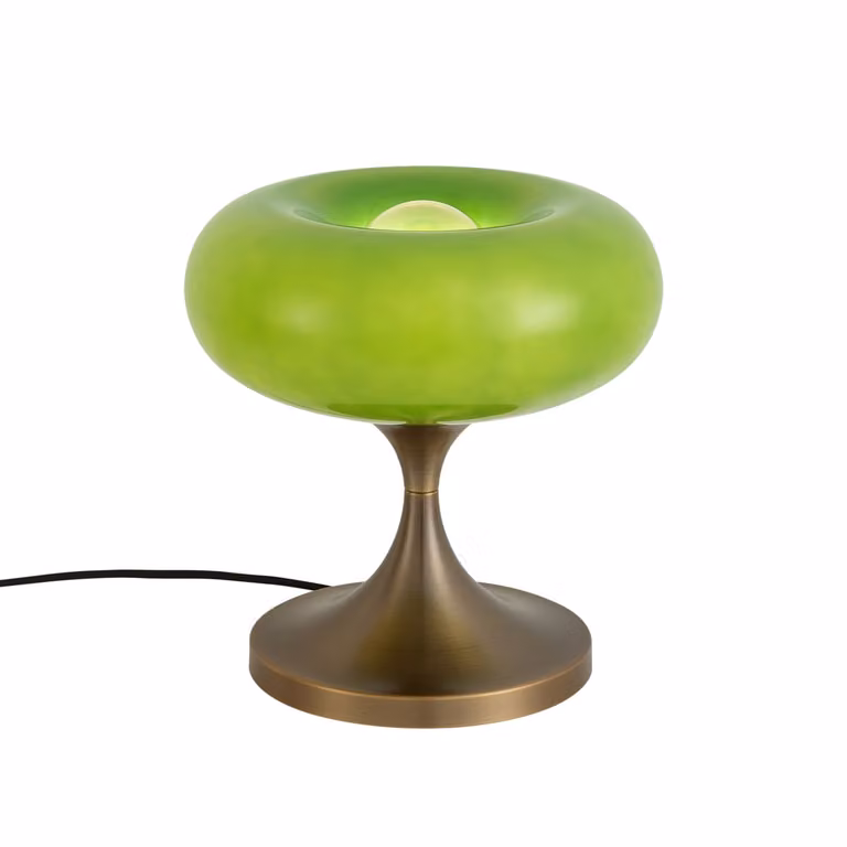 Qazqa Retro tafellamp brons met groene glazen kap, Hoogte: 31 cm