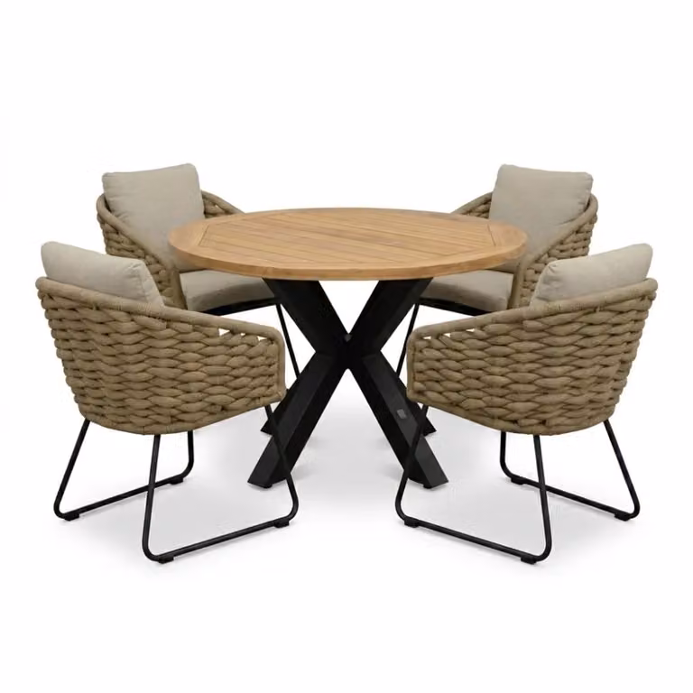 LUX outdoor living Cleve dining tuinset antraciet/Flora Sahara Dust voor 4 personen, teakhout en touw, ronde tafel diameter 120 cm