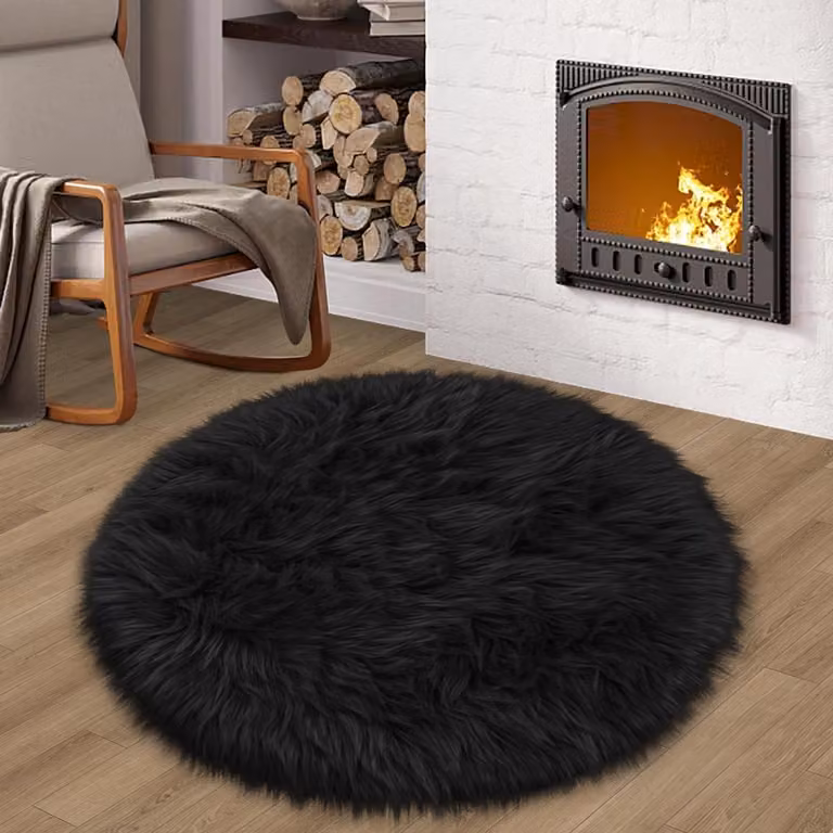 Rond Pluche Vloerkleed Shaggy Tapijt Zwart - Diameter: 91 cm