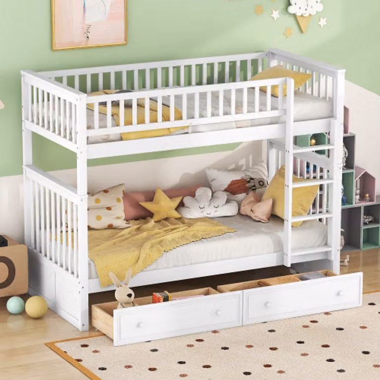 Wit stapelbed voor kinderen met lades, 90 x 200 cm