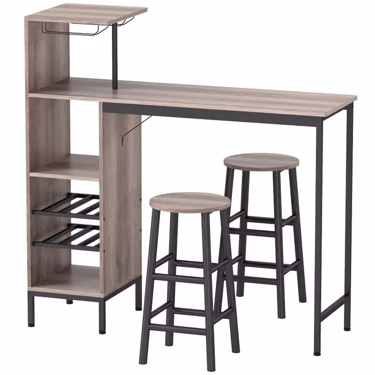 HOMCOM Bartafelset 3-delig met rechthoekige bartafel, 2 krukken en wijnrek, grijs, B/D/H: 121,5 x 40 x 122 cm