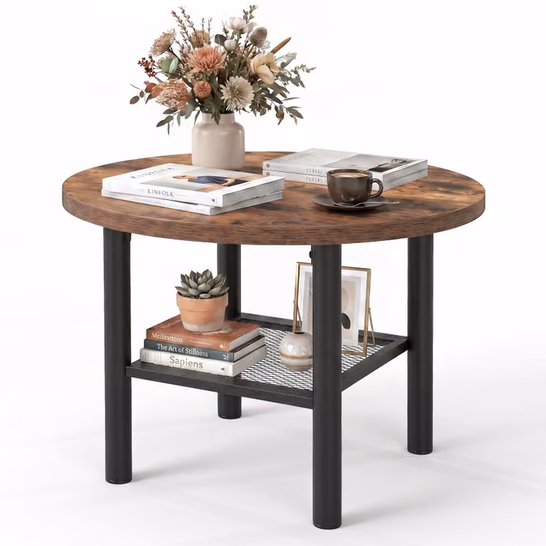 Costway Ronde Bijzettafel met 2 Niveaus en Metalen Frame, B/D/H: 60 x 60 x 42 cm