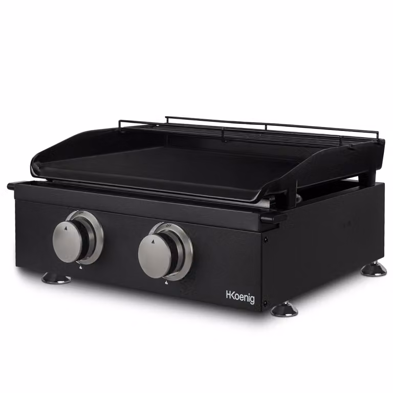 H.Koenig PLX1022 Plancha gasgrill met 2 U-vormige branders van roestvrij staal en gietijzeren grillplaat met emaille coating