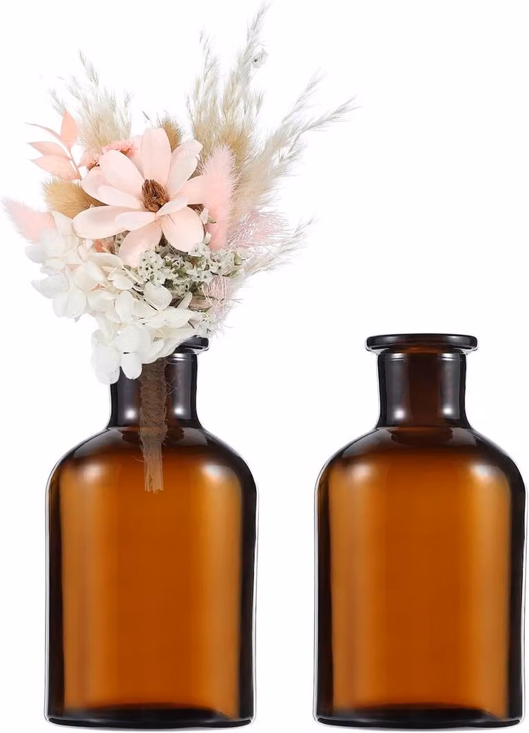 Set van twee bruine glazen miniatuur bloemenvazen voor tafeldecoratie met een inhoud van 125 ml per stuk