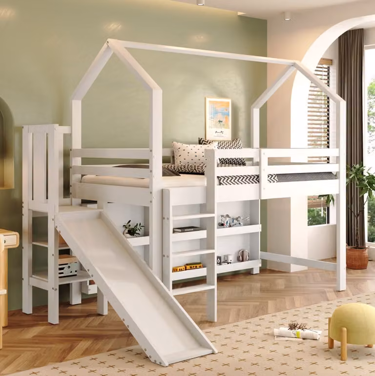 COVREO Kinderbed 90x200 cm - Hoogslaper met glijbaan, trap, opbergruimte en rek, wit