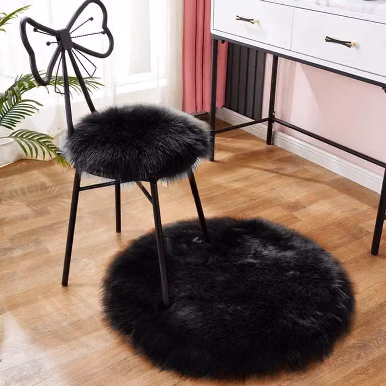 Rond Vloerkleed Imitatie Schapenvacht Zwart - Super Zacht Pluche - Diameter: 110 cm