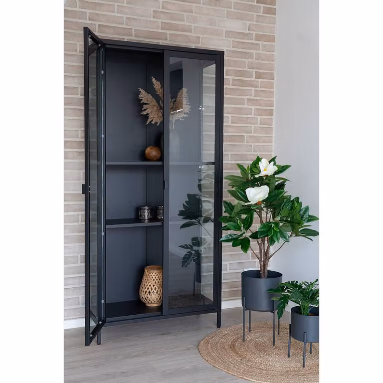 home24 Vitrinekast Bagh zwart met glazen deuren B: 80 cm, H: 175 cm, D: 35 cm
