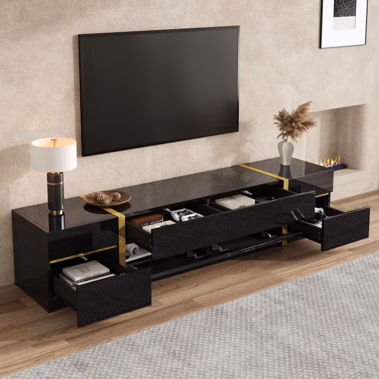 STILVORA TV-standaard met hoogglans en gouden accenten, zwart, B/D/H: 180 x 40 x 38 cm