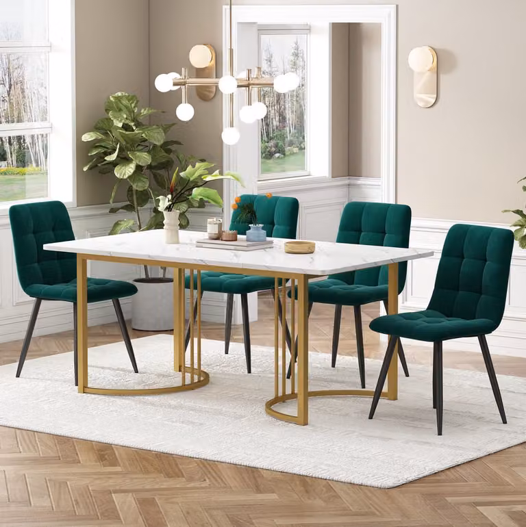 Wishdor Eettafelset met 4 stoelen - 5-delig - Modern marmereffect - Verstelbare tafelpoten - Wit, donkergroen, goud, zwart - B/D/H: 140 x 80 x 75 cm