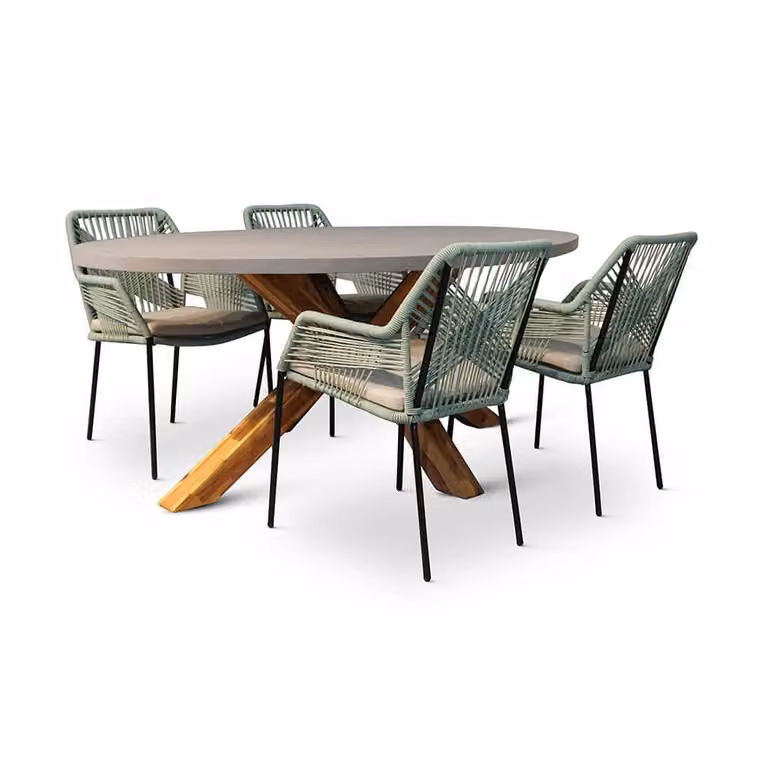 Livorno/Seville mint eettafelset voor 4 personen met betonlook en hardhout, 200 cm ovaal