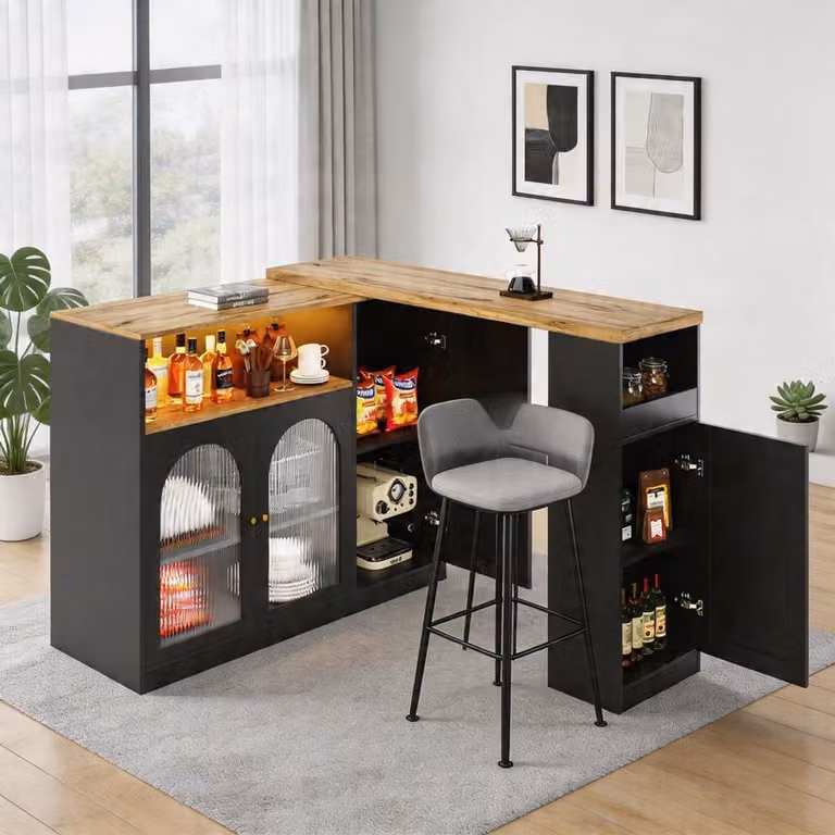 KOMHTOM 360 graden draaibare bartafel en bureau in matzwart houtnerf met glazen kastdeur en LED-verlichting, B/D/H: 198 x 39,6 x 97 cm