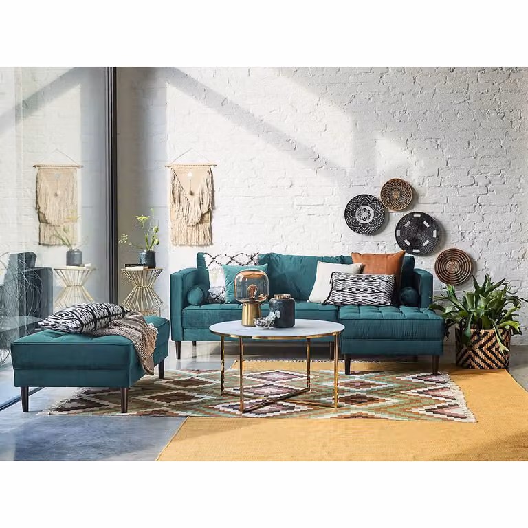 home24 Pauno Hoekbank blauw/petrol velours met chaise longue rechts, modern design, B/D/H: 201 x 80 x 155 cm