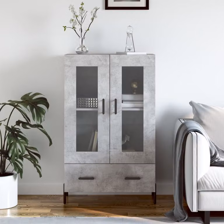 vidaXL Hoge kast met glazen deuren, betonkleur, B: 69,5 cm, D: 31 cm, H: 115 cm