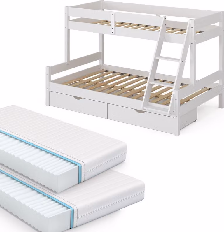 Vitalispa Everest Stapelbed Wit met 2 Matrassen en 2 Laden, Model 39561, B/D/H: 120 x 200 cm / 80 x 200 cm