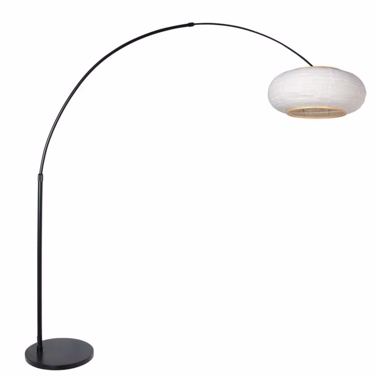Steinhauer Silva Alba booglamp met witte stoffen kap en zwart metalen voet
