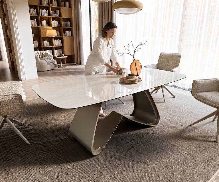 DELIFE Eettafel Edge Onyx Champagne, Ovaal Keramiek met Metaal Effect W-onderstel, Beige, B: 200 cm, D: 100 cm