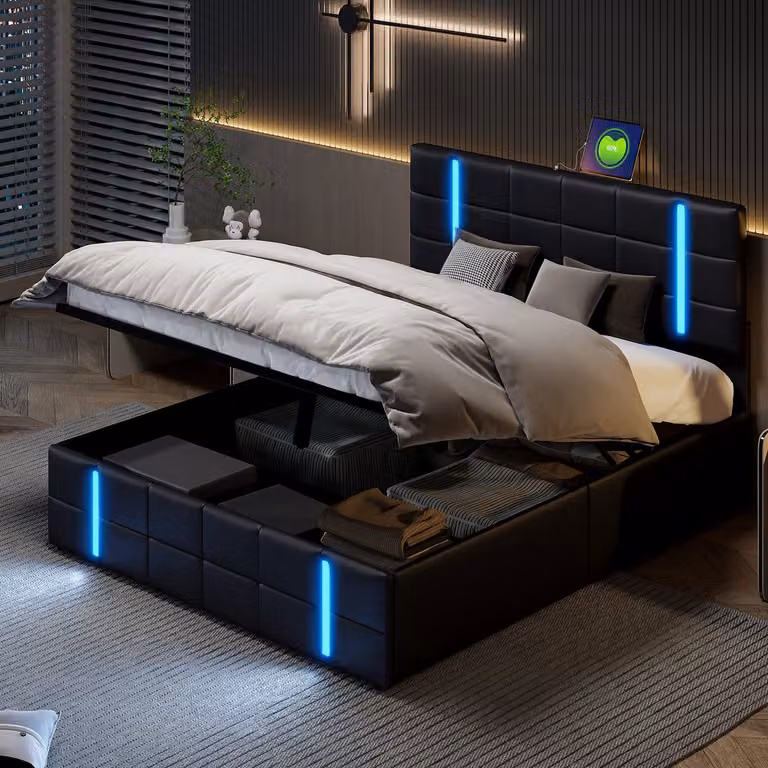 Tweepersoonsbed 160x200 cm in Zwart PU met LED-verlichting, USB-poort, Lattenbodem en Opbergruimte voor Slaapkamer of Jeugdkamer