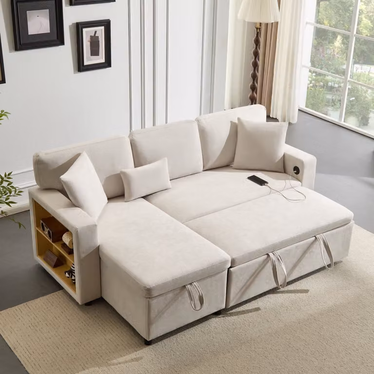 Sweiko Hoekbank - L-vormige Slaapbank met USB-poort en Opbergruimte - Beige