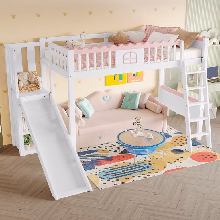 FloraGrace Kinderbed Hoogslaper met Glijbaan en Ledverlichting - Wit Grenen - 90 x 200 cm
