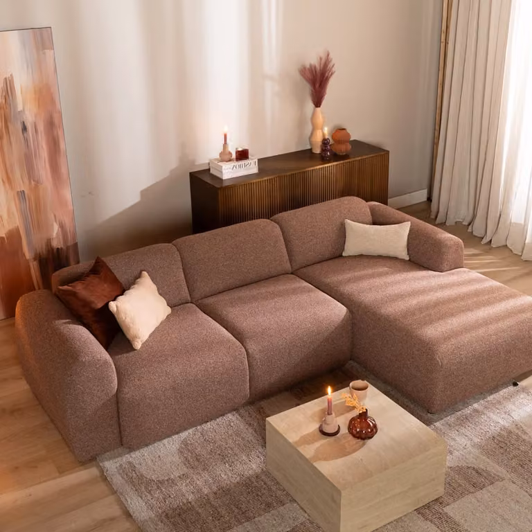 Hoekbank Maine Bronx71 met bouclé stof in rood/roze, rechtsmodel