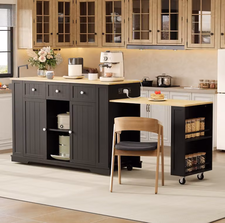 WUVRIE Mobiel keukeneiland met uitschuifbare eettafel en USB - Zwart/naturel - B/D/H: 213 x 55 x 93 cm