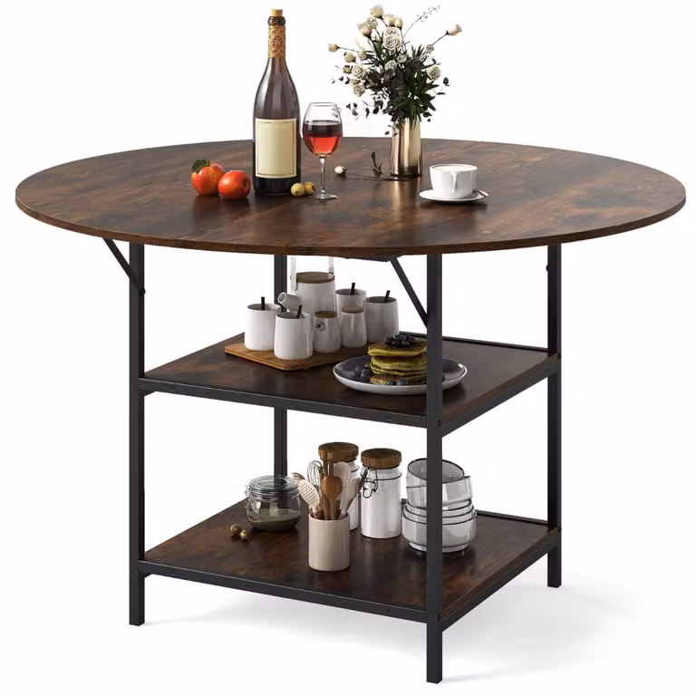 Costway Ronde Eettafel voor 4-6 Personen met Open Opbergvak en Metalen Onderstel, Diameter: 120 cm, Hoogte: 76 cm