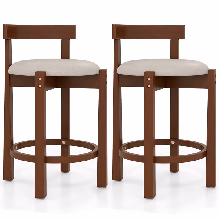 Set van 2 Costway Barkrukken met Rugleuning en Voetsteunen, Linnen Bekleed, B/D/H: 47,5 x 45 x 78,5 cm