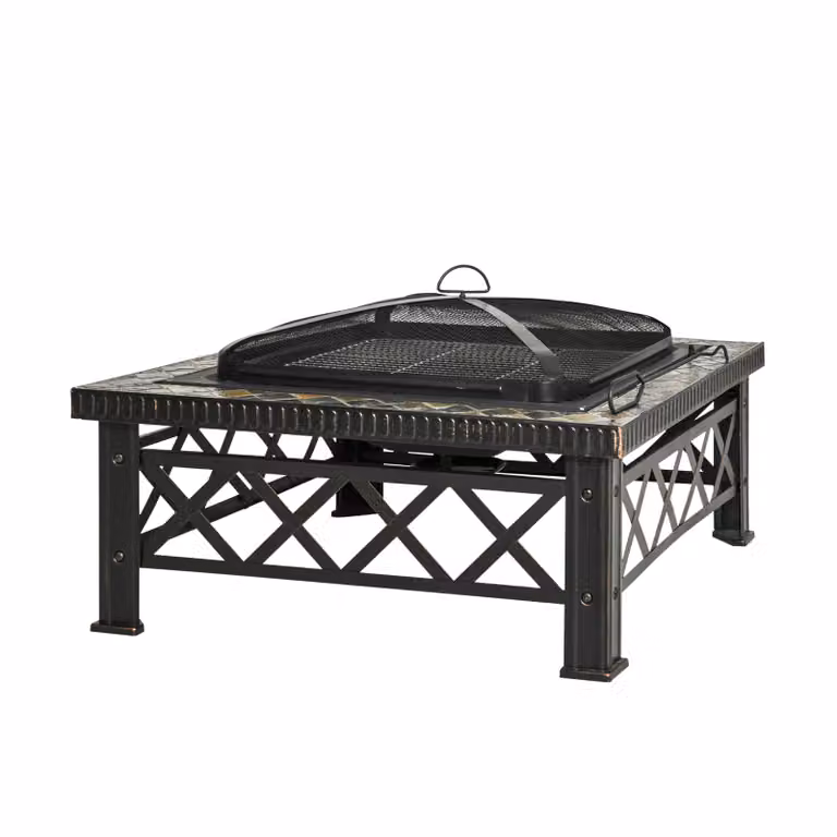 Outsunny 3-in-1 Vuurschaal met Leistenen Panelen en Grillnet, B/B/H: 76 x 76 x 47 cm