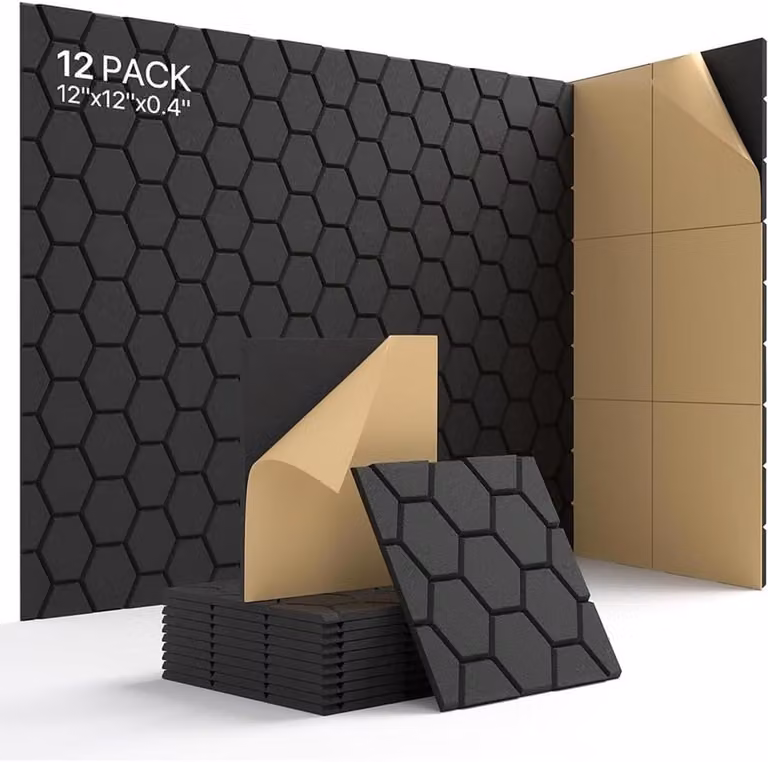 Set van 12 zelfklevende geluidsabsorberende panelen voor gaming room en thuiswerkplek, Zwart, B/D/H: 30 x 30 x 0,1 cm