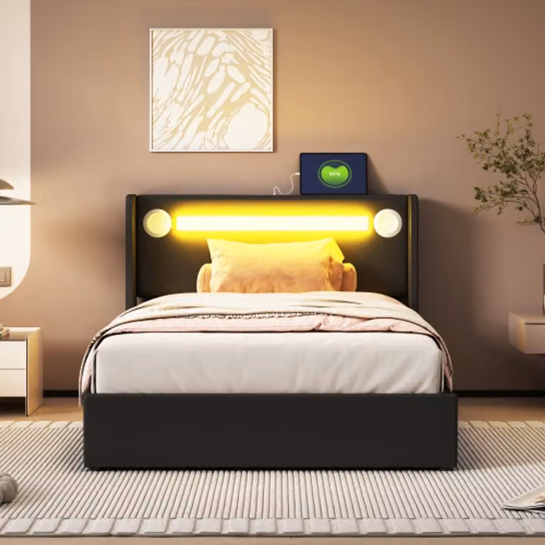 Kinderbed met LED-verlichting, Bluetooth-audio, USB-laadpunt en PU-leer Opbergruimte inclusief Lattenbodem, 90 x 200 cm