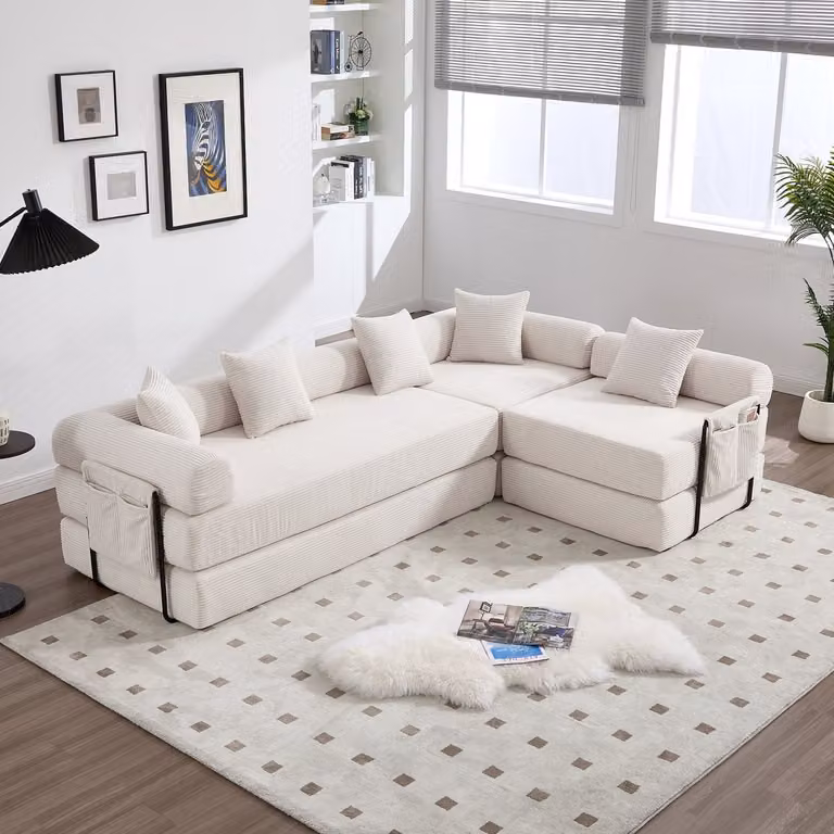 MODFU Modulaire Bank met Slaapfunctie en Opbergtas - Modern - Beige Ribstof - B/D/H: 270 x 180 x 64 cm