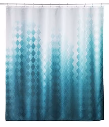 WENKO Douchegordijn Tullin Blauw Wit, B/D/H: 180 x 200 cm, Polyester met Oogjes en Verzwaarde Zoom