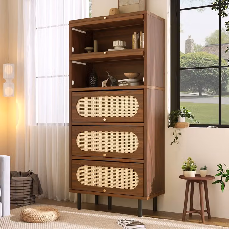 PHOEBE CAT Boekenkast Vitrinekast Halmeubel met Rieten deuren en Metalen poten Walnoot B/D/H: 80 x 40 x 163 cm