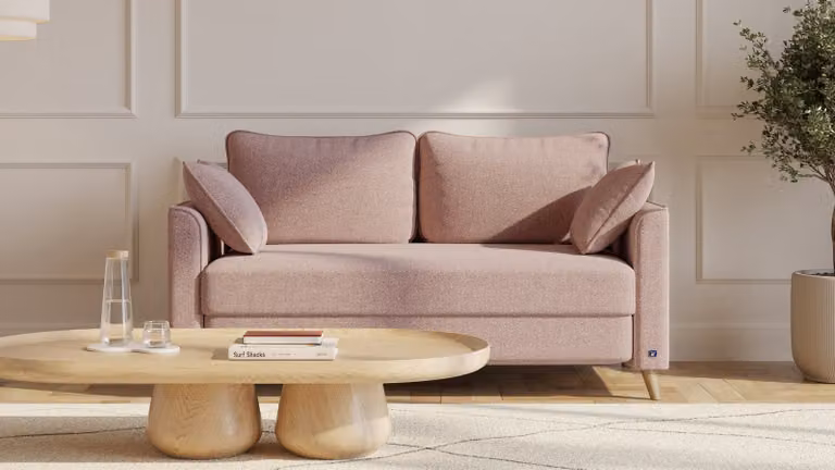 Flow BRUNO slaapbank 140 cm in Pink Blush roze met massief hout en boxspringcomfort