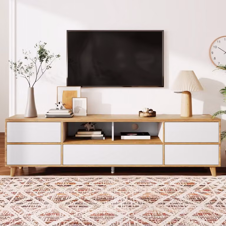 Zubaliya TV-meubel voor de woonkamer in landelijke stijl met wit en houtlook, 4 deuren en 4 opbergvakken, B/D/H: 175 x 51 x 37 cm