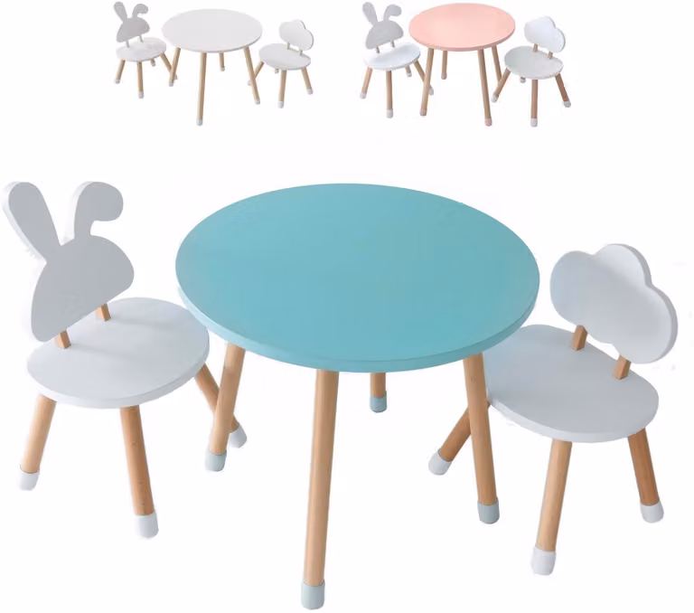 Houten kinderbureau met stoel, ronde creatieve tafel voor de kinderkamer, muntkleur