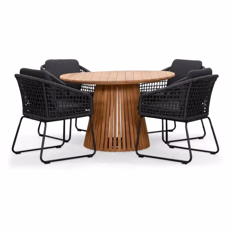 Palau/Tulum Lava Grey eettafelset voor 4 personen van teakhout en touw, Diameter: 120 cm