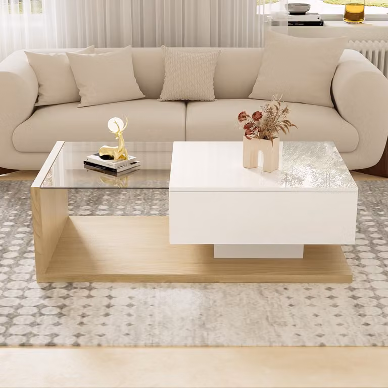 REDOM Salontafel met gehard glas en LED-effect, hoogglans wit en naturel, B: 105 cm, D: 55 cm, H: 32,5 cm