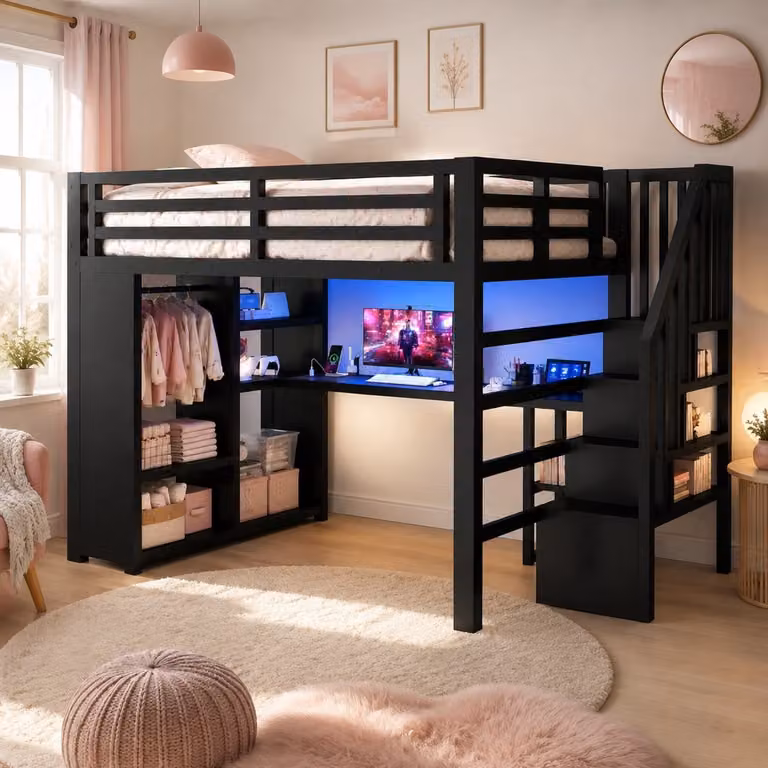 REDOM Hoogslaper met bureau, open kledingkast en opbergruimte, LED-verlichting en laadstation, Metalen frame met trap, Zwart, 140 x 200 cm