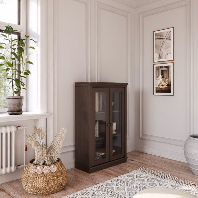 home24 Houten kast met glasdeur, bruin/Havanna grenenhout, B: 119 cm, D: 37 cm, H: 74 cm