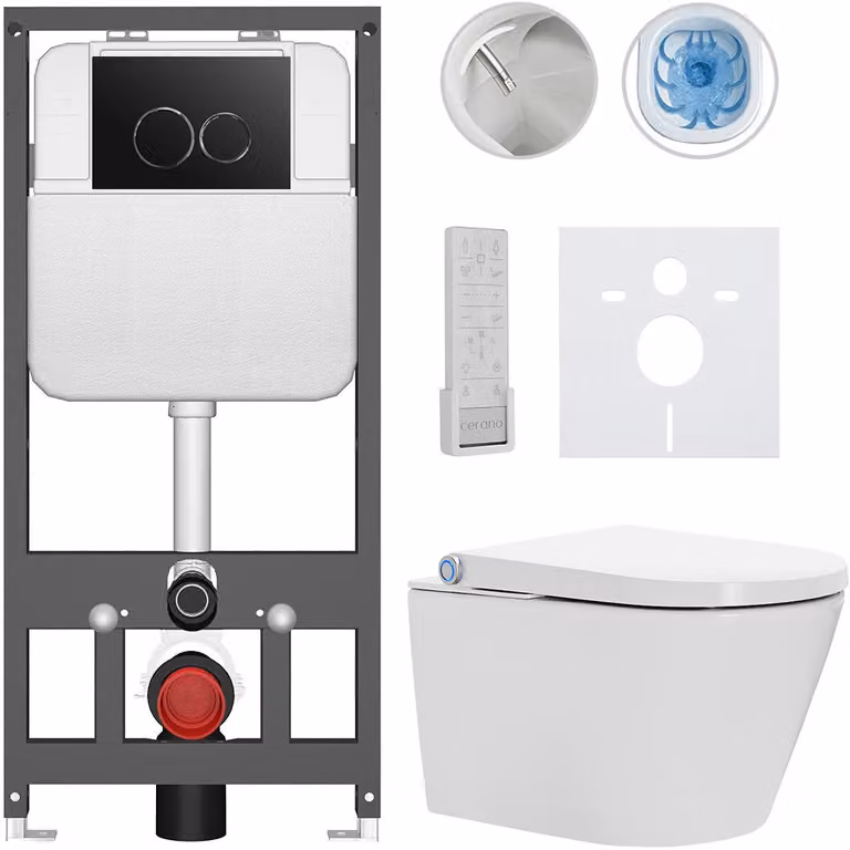 CERANO Hangtoilet met bidet Cronus Pro - Wit glanzend met zwarte Prime/Dualo bedieningsknop - 59,3 x 38,4 cm