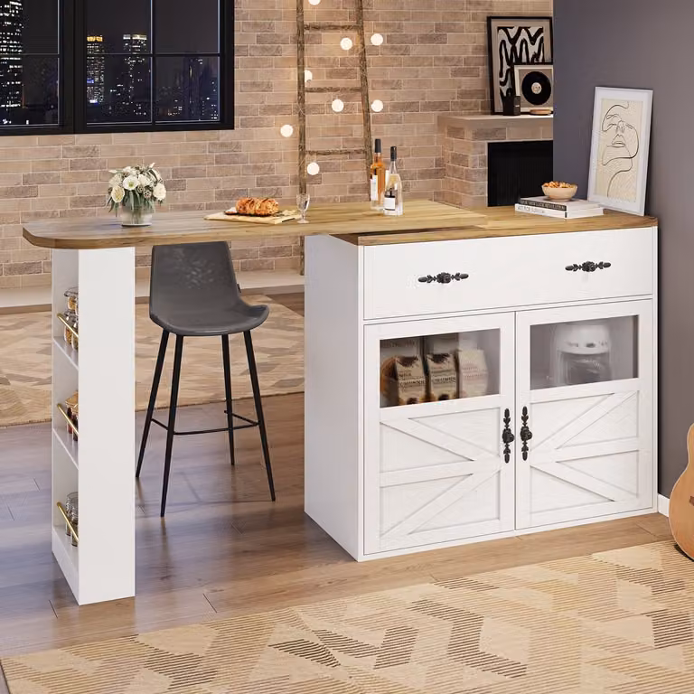 MODFU Uitschuifbare eettafel en bartafel met 360 graden draaibaar blad en opbergruimte, Wit, B/D/H: 138-204 x 39 x 104 cm