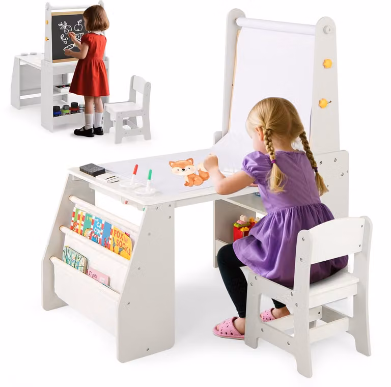Costway Kindertafel met stoel en ezel, 3-in-1 houten zitgroep met whiteboard, krijtbord en boekenkast, grijs