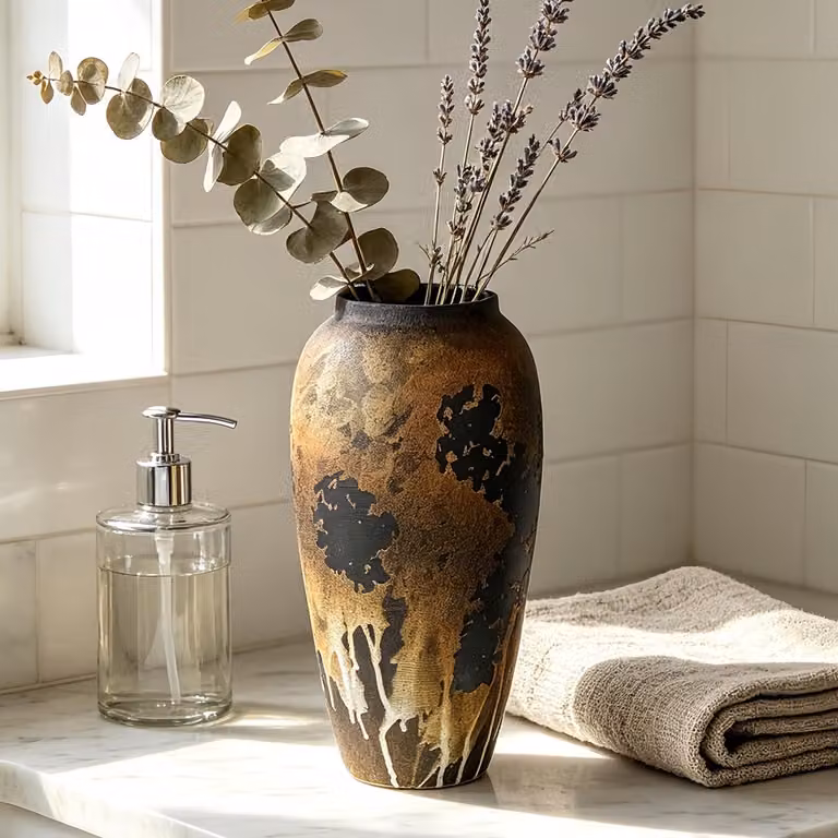 Omgoods Zwarte Rustieke Keramische Vaas voor Minimalistische Decoratie, Hoogte: 34 cm