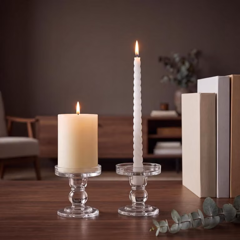 Set van 2 Glazen Kandelaars voor Bruiloften en Eettafel Decoratie, Hoogte: 8 cm