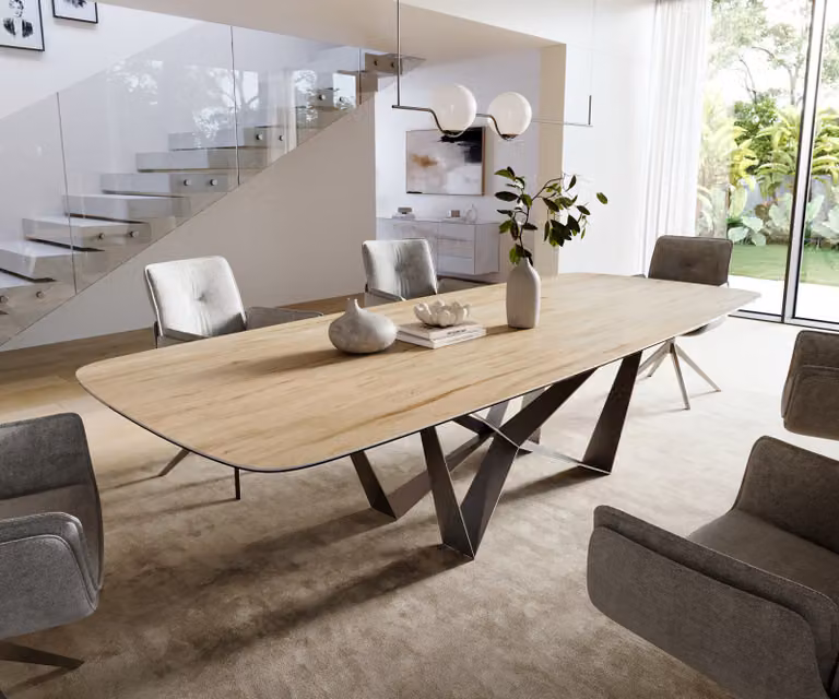 DELIFE Eettafel Edge Boot met Keramisch Laminam Sabbia Blad en Spider Onderstel, Eikenkleur/Grijs/Bruin, B/D/H: 300 x 120 x 76 cm