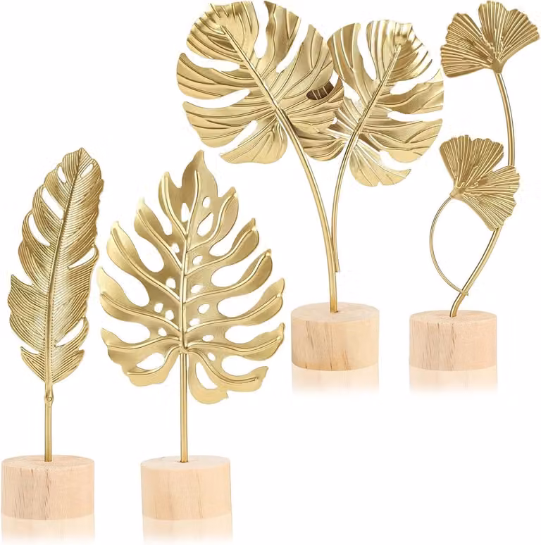 KZQ Set van 4 Gouden Metalen Bladdecoraties met Houten Basis - Moderne Woonaccessoires voor op Tafel of Plank