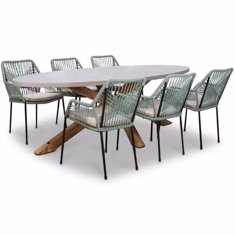 Livorno/Seville mint eettafelset voor 6 personen met betonlook en touw, 240 cm